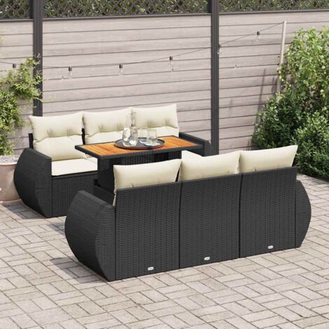 Salon de jardin 7 places en résine tressée noir avec coussins crème - Table réglable et modulaire pour terrasse (1/5)