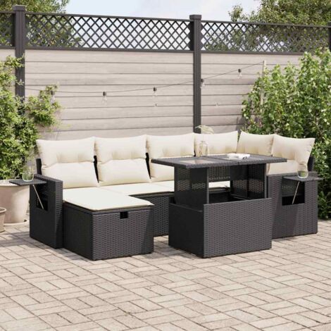 Salon de Jardin 7 Pièces en Résine Tressée Noir avec Coussins Crème - Table Réglable Hauteur et Design Modulaire pour Terrasse (1/5)