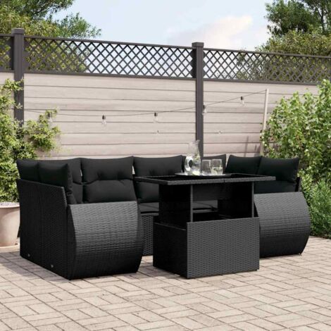 Salon de Jardin 7 Pièces Noir Résine Tressée avec Coussins Crème - Table Réglable Hauteur Modulable - 6 Sièges + Table (1/5)