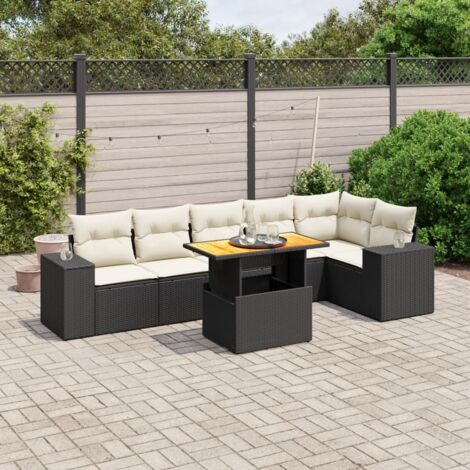 Ensemble Salon Jardin 7 Pièces Noir Résine Tressée - 6 Sièges + Table Verre Trempé Réglable avec Coussins Crème Amovibles (1/3)
