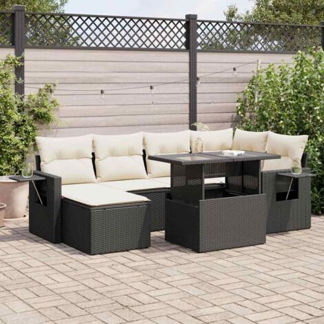 Salon de Jardin 7 Pièces Noir Résine Tressée avec Coussins Crème - Table Réglable Hauteur, Mobilier d'Extérieur Modulaire et Durable pour Terrasse (1/5)