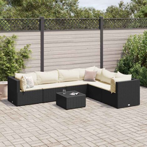Ensemble salon jardin 7 pièces noir résine tressée - 4 sièges d'angle + 2 centraux + table verre réglable 100cm avec coussins crème lavables (1/5)