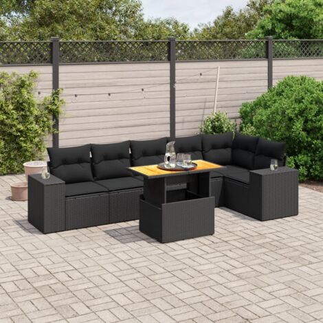 Salon de jardin 7 pièces noir résine tressée avec coussins blanc crème - Ensemble modulaire pour terrasse avec table réglable et housses lavables (1/3)