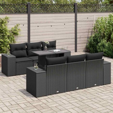 Ensemble jardin 7 pièces résine tressée noir avec coussins crème - Salon extérieur modulaire avec table réglable et housses lavables (1/5)