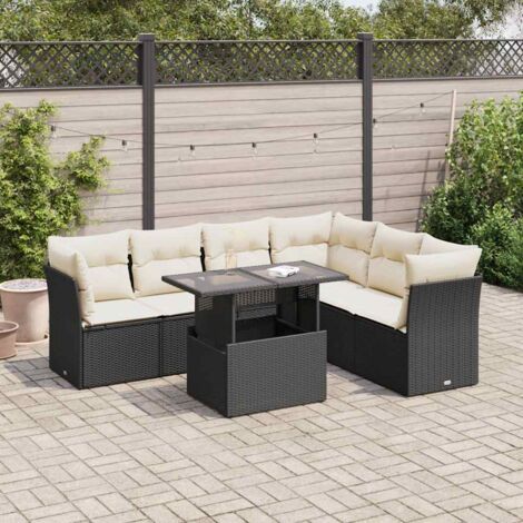 Ensemble Salon Jardin 7 Places Résine Tressée Noir avec Coussins Crème - Table Réglable Hauteur (1/5)
