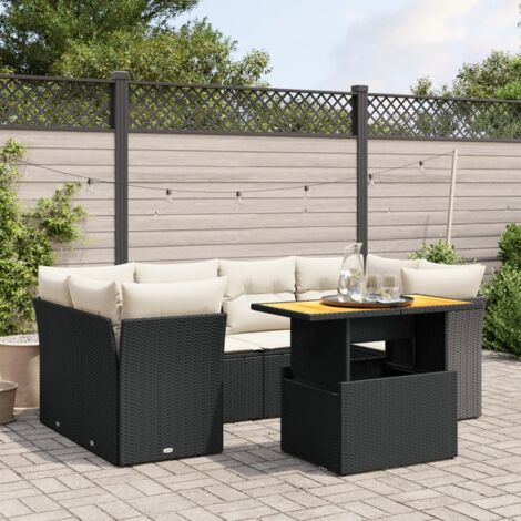 Ensemble Salon Jardin 7 Pièces Résine Tressée Noir avec Coussins Crème - Table Réglable Hauteur - Modulaire (1/3)