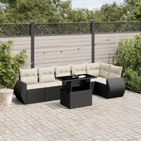 Ensemble jardin 7 pièces résine tressée noir avec coussins crème - Salon extérieur modulaire avec table réglable et housses lavables (1/5)