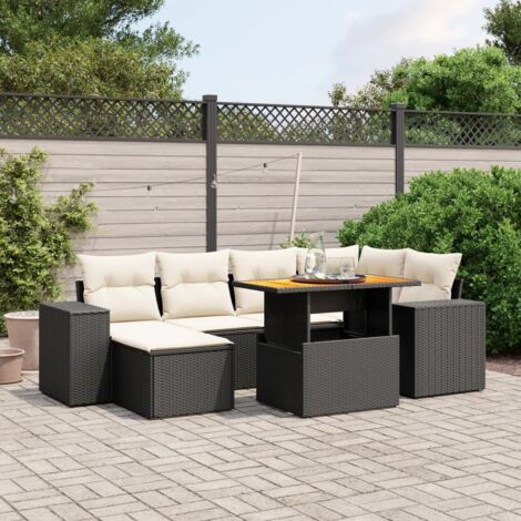 Ensemble Jardin 7 Pièces Résine Tressée Noir avec Coussins Crème - Table Réglable Hauteur, Meuble Extérieur Modulaire Durable (1/4)