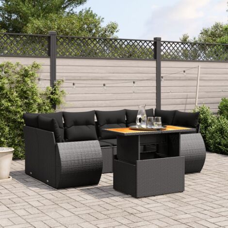 Ensemble jardin 7 pièces résine tressée noir avec coussins crème - Table réglable hauteur 44/73cm - 6 sièges modulables (1/5)