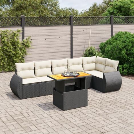 Ensemble salon jardin 7 pièces noir résine tressée avec coussins crème - Table réglable et modulaire pour terrasse (1/3)