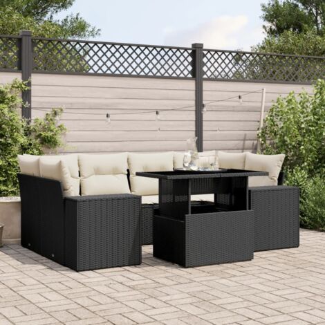 Ensemble jardin 7 pièces résine tressée noir avec coussins crème - Salon extérieur modulaire avec table réglable et housses lavables (1/5)