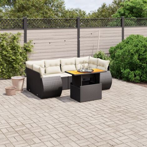 Ensemble Jardin 7 Pièces Résine Tressée Noir - Salon Extérieur avec Coussins Crème, Table Réglable et Structure Modulaire (1/3)