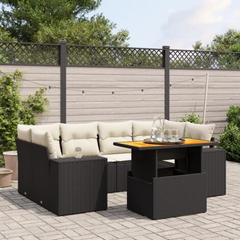 Ensemble jardin 7 pièces résine tressée noir avec coussins crème - Table réglable 100cm - Mobilier terrasse modulaire (1/3)