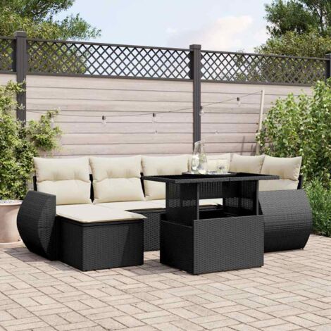 Ensemble Jardin 7 Pièces Résine Tressée Noir avec Coussins Crème - Table Réglable Hauteur Modulable (1/5)