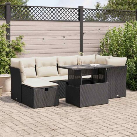 Ensemble Salon Jardin 7 Pièces Résine Tressée Noir avec Coussins Crème - 4 Fauteuils d'Angle, 2 Sièges Centraux, Table Verre Trempé Réglable (1/5)