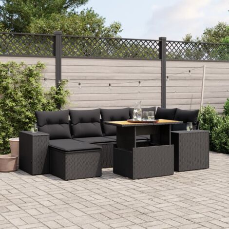 Ensemble Jardin 7 Pièces Résine Tressée Noir avec Coussins - Salon Extérieur Modulaire Table Réglable (1/3)