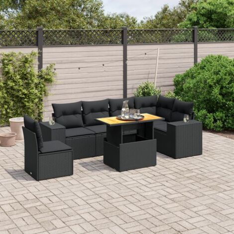 Salon de Jardin 7 Pièces en Résine Tressée Noir avec Coussins Crème - Table Réglable Hauteur - Ensemble Modulaire Jardin Terrasse (1/3)
