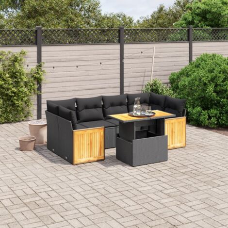Salon de Jardin 7 Pièces en Résine Tressée Noir avec Coussins Crème - Ensemble Modulaire pour Terrasse avec Table Réglable (1/3)