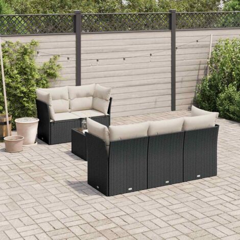 Ensemble Jardin 6 Places Noir Résine Tressée avec Coussins Crème - Salon Extérieur Modulaire Verre Trempé (1/3)