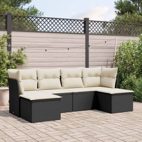 Ensemble Salon Jardin 6 Places Noir Résine Tressée avec Coussins Crème - Mobilier Extérieur Modulaire (1/4)