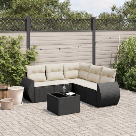 Ensemble salon jardin 6 places noir résine tressée avec table verre et coussins crème (1/4)