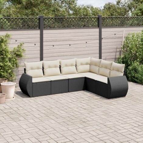 Ensemble jardin 6 places résine tressée noir avec coussins crème - Salon extérieur modulaire acier (1/4)