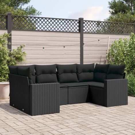 Ensemble Salon Jardin 6 Places Noir Résine Tressée avec Coussins - Canapé d'Extérieur Modulaire (1/3)