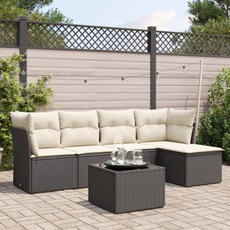 Ensemble Jardin 6 Places Noir Résine Tressée avec Coussins Crème - Salon Extérieur Modulaire Verre Trempé (1/3)