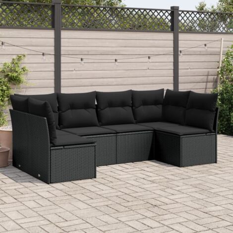 Ensemble Salon Jardin 6 Places Noir Résine Tressée avec Coussins - Meuble Extérieur Modulaire (1/3)