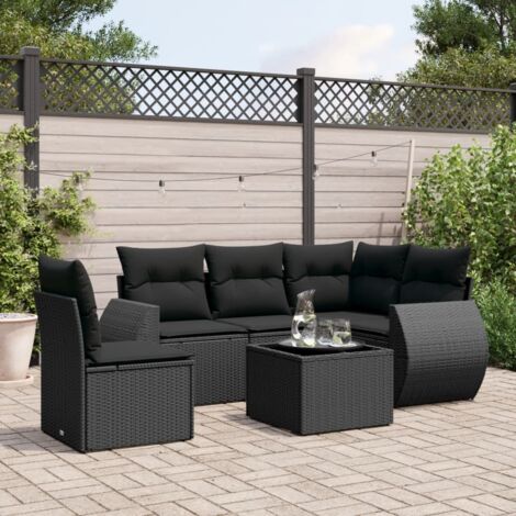 Ensemble Salon Jardin 6 Places Noir Résine Tressée avec Coussins et Table Verre Trempé - Meuble Extérieur Modulaire (1/4)