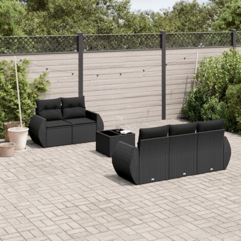 Ensemble salon jardin 6 places noir résine tressée avec table verre trempé et coussins amovibles (1/3)