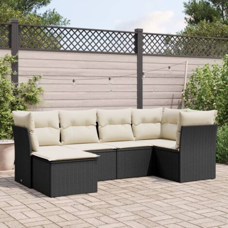 Ensemble Salon Jardin 6 Places Noir Résine Tressée avec Coussins Crème - Mobilier Extérieur Modulaire (1/4)