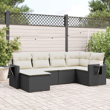 Ensemble Salon Jardin 6 Places Noir Résine Tressée avec Coussins Crème - Meuble Extérieur Modulaire (1/4)