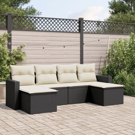 Ensemble salon jardin 6 places résine tressée noir avec coussins crème - 2 sièges d'angle, 2 centraux, 2 tabourets - Meuble extérieur modulaire (1/3)