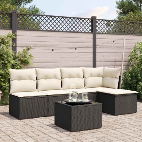 Ensemble jardin 6 places résine tressée noir avec coussins crème - Salon extérieur modulaire verre trempé (1/4)