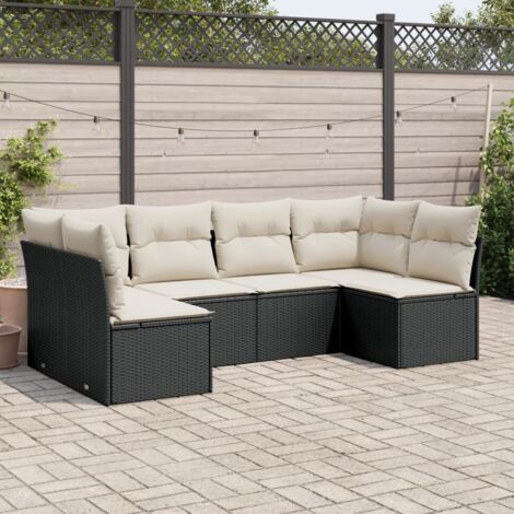 Ensemble Salon Jardin 6 Places Noir Résine Tressée avec Coussins Crème - Meuble Extérieur Modulaire (1/3)