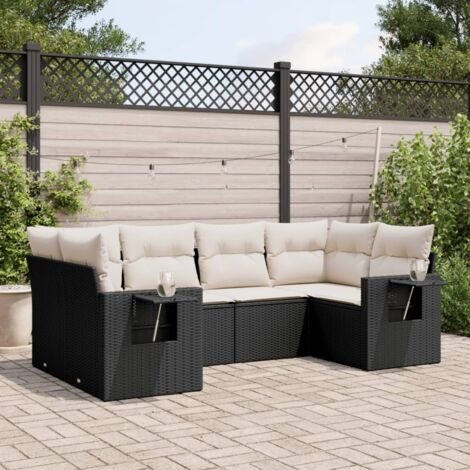 Ensemble salon jardin 6 places résine tressée noir avec coussins crème - Mobilier terrasse modulaire (1/4)