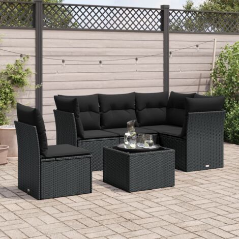 Ensemble de jardin 6 places en résine tressée noir avec coussins déhoussables - Salon extérieur modulaire avec table en verre trempé (1/3)