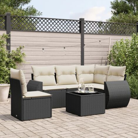 Ensemble jardin 6 places noir résine tressée avec coussins crème - Salon extérieur modulaire verre trempé (1/4)