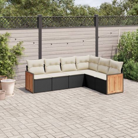 Ensemble jardin 6 places résine tressée noir avec coussins crème - Salon extérieur modulaire rotin synthétique (1/4)