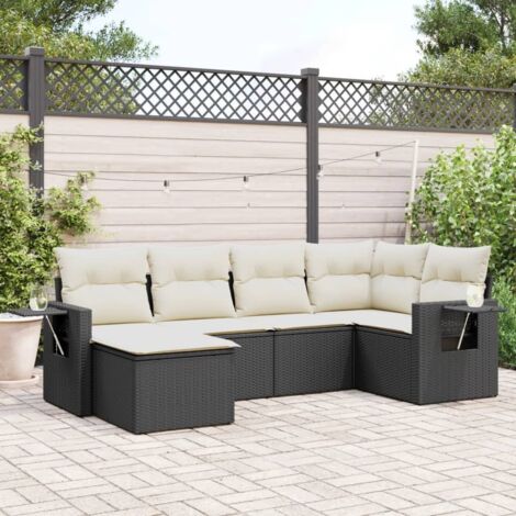 Ensemble jardin 6 places noir résine tressée avec coussins crème - Salon extérieur modulaire rangement intégré (1/3)