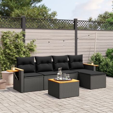 Ensemble jardin 6 places noir résine tressée avec coussins - Salon extérieur modulaire acacia et acier (1/4)