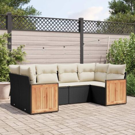 Ensemble de jardin 6 places en résine tressée noire avec coussins crème - Salon modulaire patio avec housses lavables (1/4)