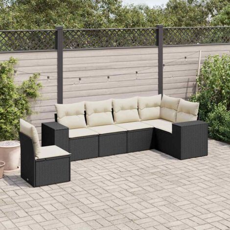 Ensemble salon jardin 6 places résine tressée noir avec coussins crème - Mobilier extérieur modulaire avec rangement intégré (1/3)