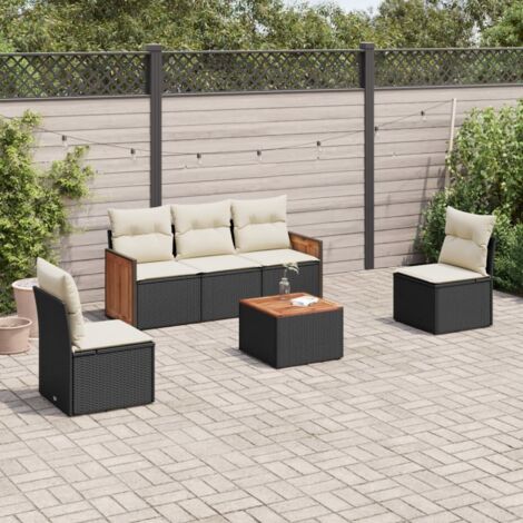 Ensemble salon jardin 6 places noir résine tressée avec coussins crème et table acacia - 5 sièges modulables (1/4)