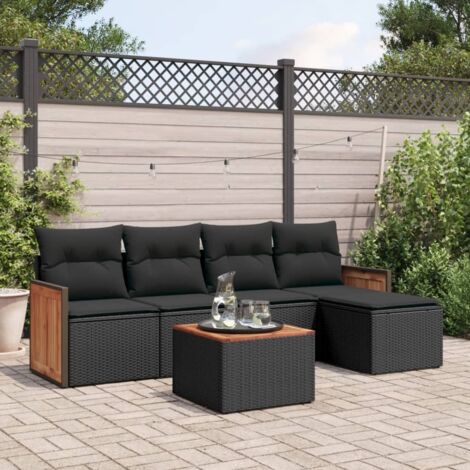 Ensemble jardin 6 places résine tressée noir avec coussins - Salon extérieur modulaire acacia et polyester lavable (1/4)