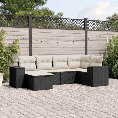 Ensemble jardin 6 places résine tressée noir avec coussins crème - Salon extérieur modulaire (1/4)