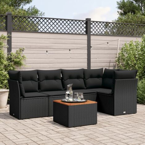 Ensemble Jardin 6 Places Noir Résine Tressée avec Coussins - Salon Extérieur Modulaire Acacia (1/3)