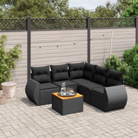 Ensemble Salon Jardin 6 Places Noir Résine Tressée avec Coussins - Canapé d'Angle, Table Acacia - Mobilier Extérieur Modulaire (1/4)
