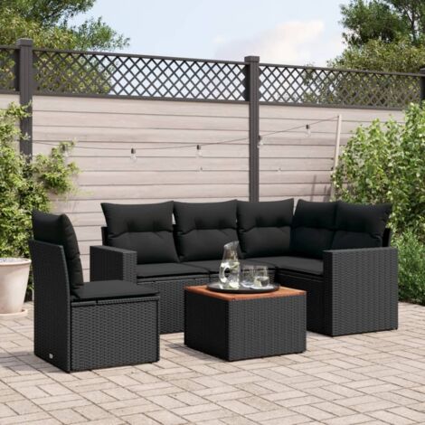 Ensemble Salon Jardin 6 Places Noir Résine Tressée avec Table Acacia et Coussins Lavables (1/3)